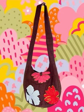 Ganesh Himal brown shoulder bag with patchwork daisies